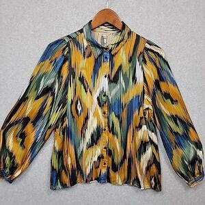 ESQUALO Button Up Blouse Shirt Top Puff Sleeve Colorful Abstract Women's Sz 8